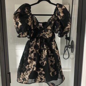 Buddy Love Black and Gold smocked mini dress NWT puff sleeves Holiday Party XS